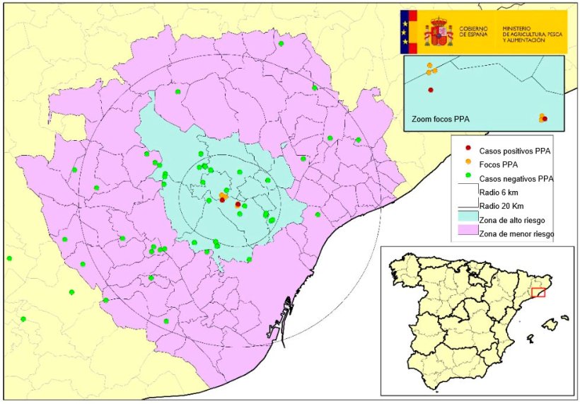 Localiza&ccedil;&atilde;o dos 7 focos em javalis e dos javalis mortos encontrados na Catalunha que testaram negativo (Fonte: MAPA).

