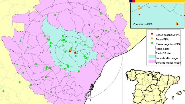 Localização dos 7 focos em javalis e dos javalis mortos encontrados na Catalunha que testaram negativo (Fonte: MAPA).