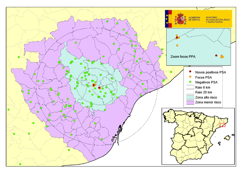 Localização dos 9 focos em javalis e dos javalis encontrados mortos negativos detectados na Catalunha (Fonte: MAPA).