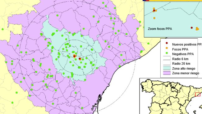 Localização dos 9 focos em javalis e dos javalis encontrados mortos negativos detectados na Catalunha (Fonte: MAPA).