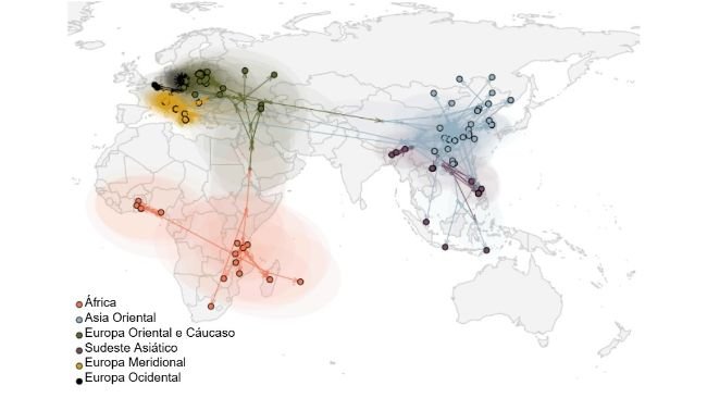 Figura 2. Disseminação global do vírus da PSA (Rossi et al. bioRxiv 2025)