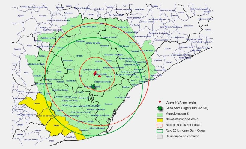 Mapa com os novos municípios afetados após a deteção de um novo caso. Fonte: Generalitat de Catalunya.