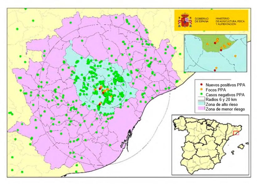 Mapa 1: Localização dos 20 focos em javalis e dos javalis capturados ou encontrados mortos que testaram negativo na Catalunha (Fonte: MAPA).