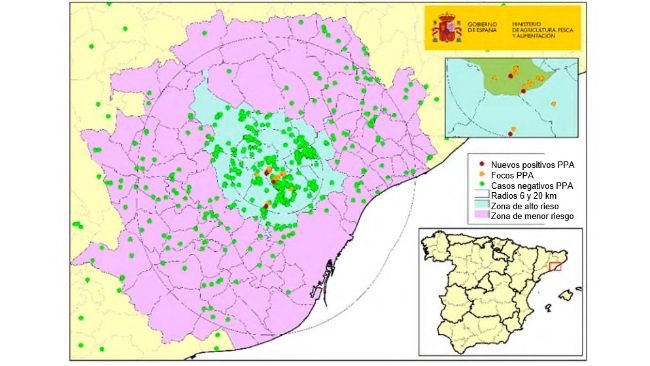 Mapa 1: Localização dos 20 focos em javalis e dos javalis capturados ou encontrados mortos que testaram negativo na Catalunha (Fonte: MAPA).