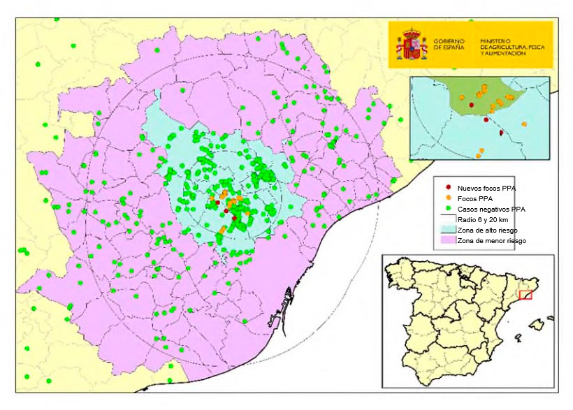 Localização dos 23 focos em javalis e dos javalis capturados ou mortos que testaram negativo na Catalunha (Fonte: MAPA).