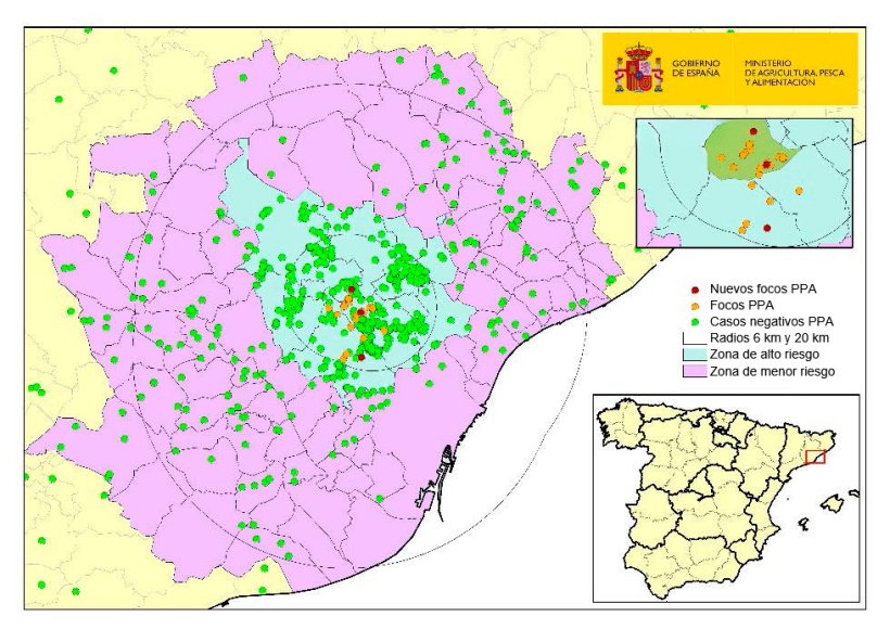 Localização dos 26 focos em javalis e dos javalis capturados ou encontrados mortos com resultado negativo na Catalunha (Fonte: MAPA)