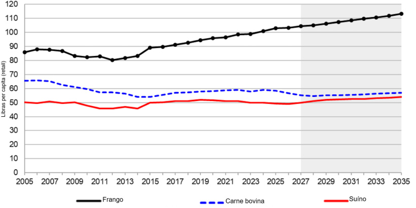 Consumo per capita de carne nos EUA, 2005-2035. Fonte: USDA
