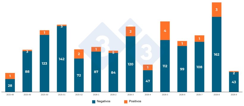 Jabalíes positivos y negativos hallados por semana