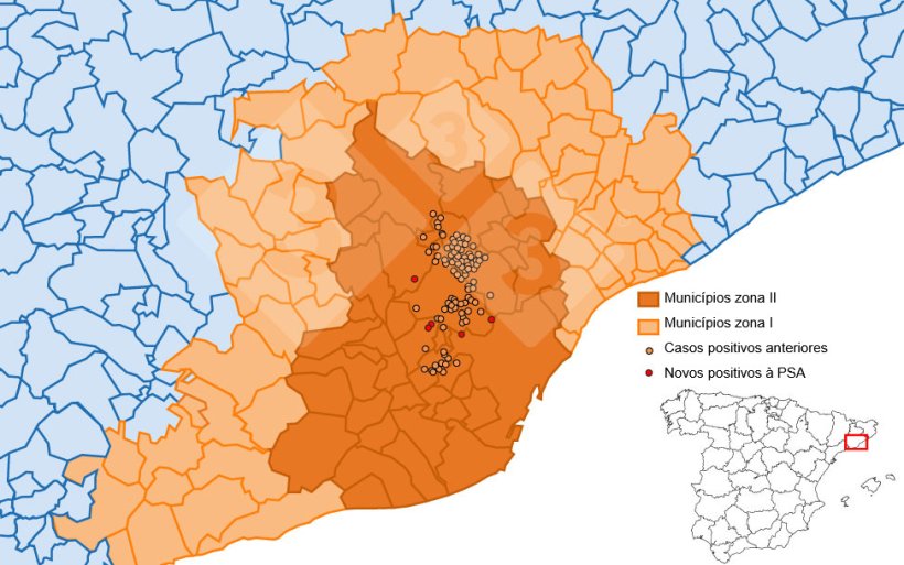 Localização detalhada dos 238 casos de javalis detectados na Zona Restrita II.
