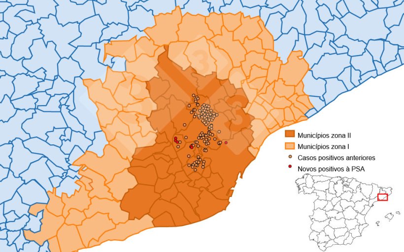 Localiza&ccedil;&atilde;o detalhada dos casos de javalis detectados na zona restrita II. Fonte: 333 com base em dados do MAPA e SVO.
