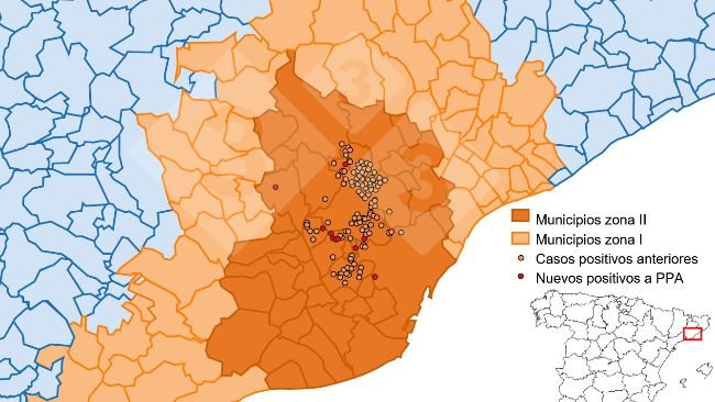 Localização detalhada dos casos de javalis detectados na Zona Restrita II. Fonte: 333 com base em dados do MAPA e SVO.