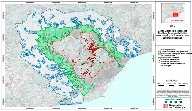 Redu&ccedil;&atilde;o da popula&ccedil;&atilde;o de javalis: localiza&ccedil;&atilde;o da "zona branca", zona tamp&atilde;o e zona de confinamento. Fonte: Corpo de Agentes Rurais, Governo da Catalunha.
