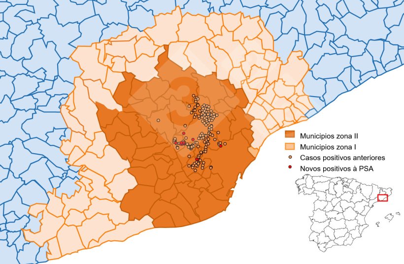 Localização detalhada dos casos de javalis detectados na zona restrita II (semana 18). Fonte: 333 com base em dados do MAPA e SVO.