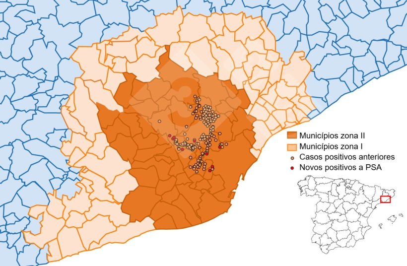 Localização detalhada dos casos de javalis detetados na zona restrita II (semana 20). Fonte: 333 com base em dados do MAPA e SVO