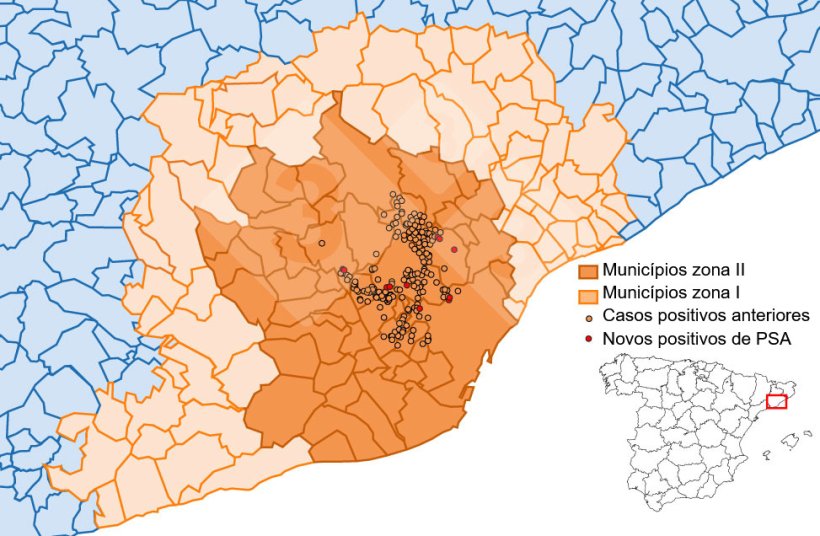 Localiza&ccedil;&atilde;o detalhada dos casos de javalis detectados na zona restrita II (semana 23). Fonte: 333 com base em dados do MAPA e SVO.
