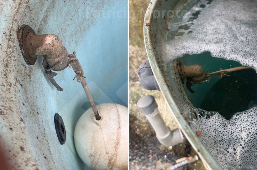 Foto 1. En la izquierda, boya de nivel da&ntilde;ada. En la derecha, dep&oacute;sito desbordado por fallo de boya.
