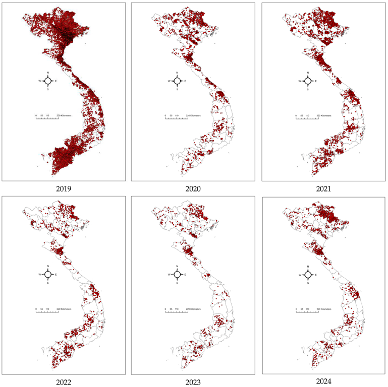 Mapas que mostram a distribuição dos surtos de PSA no Vietname entre 2019 e 2024. Os pontos vermelhos representam os surtos de PSA ao nível da comuna. Chuong, V et al, 2025