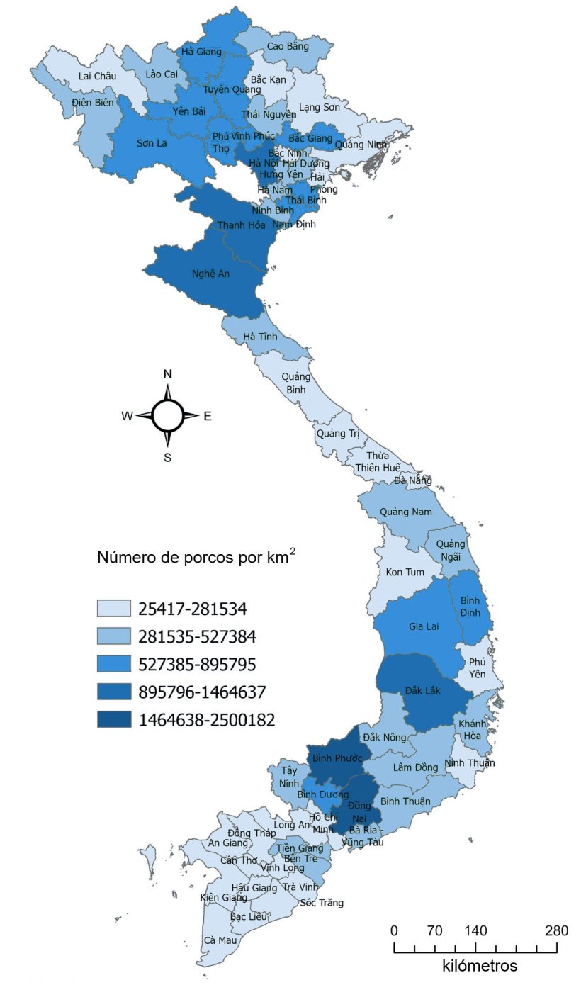Mapa que muestra la densidad de población porcina en Vietnam en 2023. Chuong, V et al, 2025