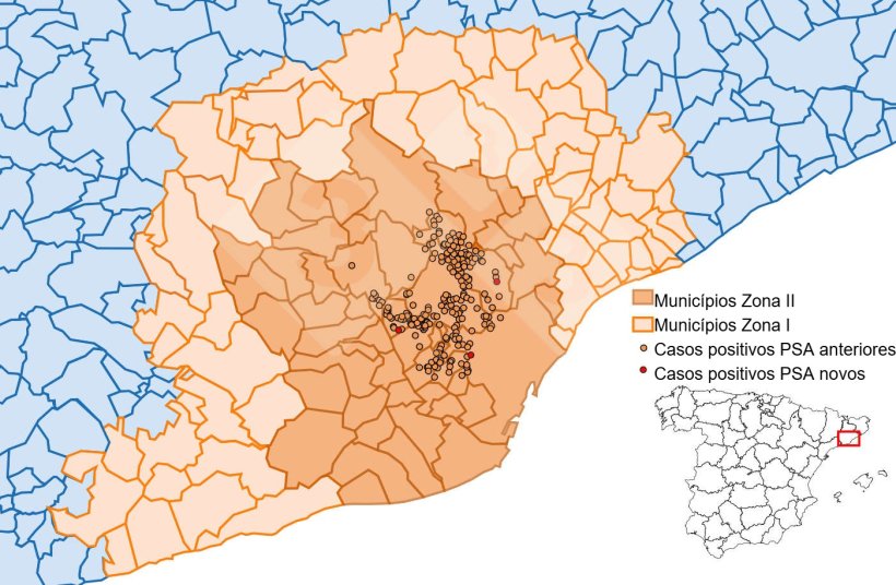 Localización detallada de los casos de jabalíes silvestres detectados en la zona restringida II (semana 27). Fuente: 333 a partir de datos del MAPA y SVO.