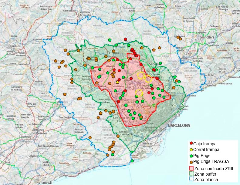Localiza&ccedil;&atilde;o das armadilhas, Pig Brigs e currais de captura no dia 7 de julho de 2026 (Fonte: Cos d'Agents Rurals. Generalitat de Catalunya.)