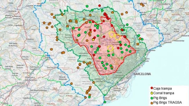 Localização das armadilhas, Pig Brigs e currais de captura no dia 7 de julho de 2026 (Fonte: Cos d'Agents Rurals. Generalitat de Catalunya.)
