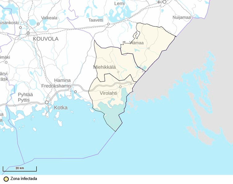 Mapa da &aacute;rea infetada sob restri&ccedil;&otilde;es. Fonte: Ruokavirasto.
