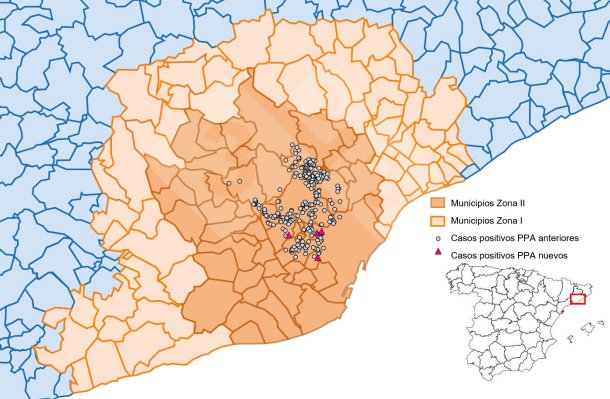 Localização detalhada dos casos de PSA em javalis detectados na zona restrita II (semana 34). Fonte: 333 com base em dados do MAPA e SVO.