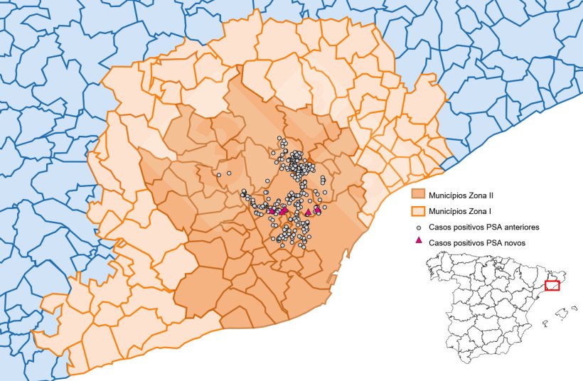 Localização detalhada dos casos de PSA em javalis detectados na zona restrita II (semana 36). Fonte: 333 com base em dados do MAPA e SVO.