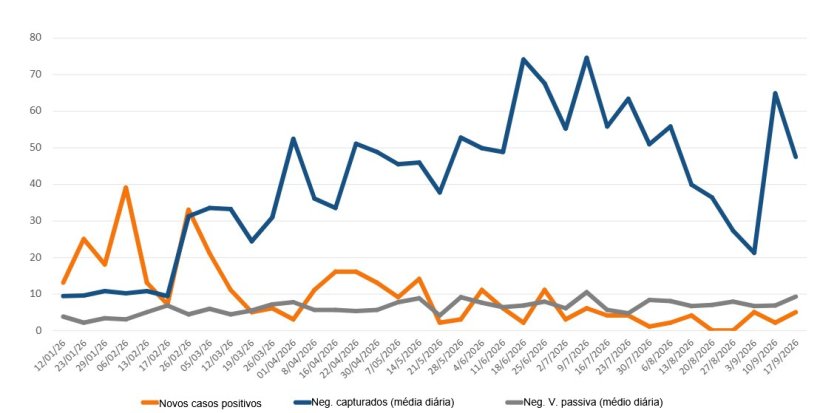 Evolução dos casos positivos, capturas e vigilância passiva semanal nas zonas I e II. Fonte: 333, com base em dados do MAPA.
