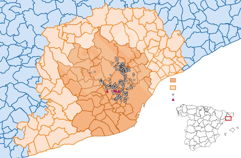 Localização detalhada dos casos de javalis selvagens detectados na zona restrita II (Fonte: Departament d’Agricultura, Ramaderia, Pesca i Alimentació).
