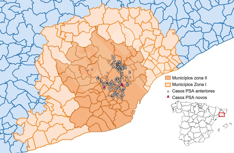 Localização detalhada dos casos de javalis detectados na zona restrita II (Fonte: Departament d’Agricultura, Ramaderia, Pesca i Alimentació).