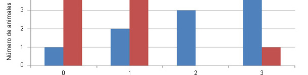Distribui&ccedil;&atilde;o da gravidade das les&otilde;es na cartilagem (escala de 0 a 3) de animais controlo ou com uma dieta com Cu/Mn ligados a amino&aacute;cidos.